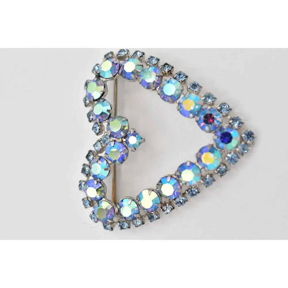 Vintage Crystal Heart Pin Brooch Blue Aurora Borealis Prong Rhinestone 60s BinBI